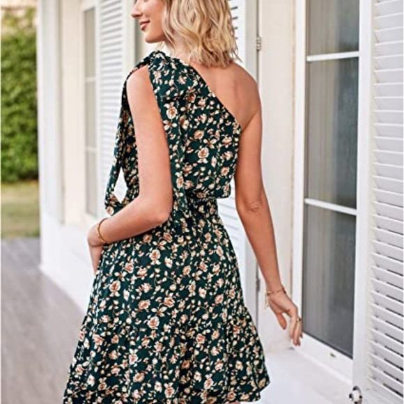 Womens 2023 Summer Casual Boho One Shoulder  Tie Floral Flowy Ruffle Mini Dresse - Picture 2 of 4